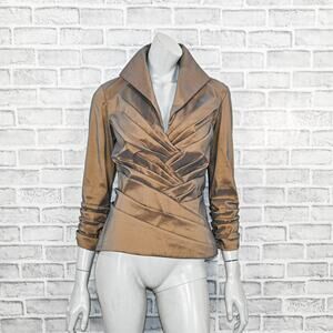 Tadashi Shoji Women's Evening Blouse lapel Collar Metallic Brown sz 8